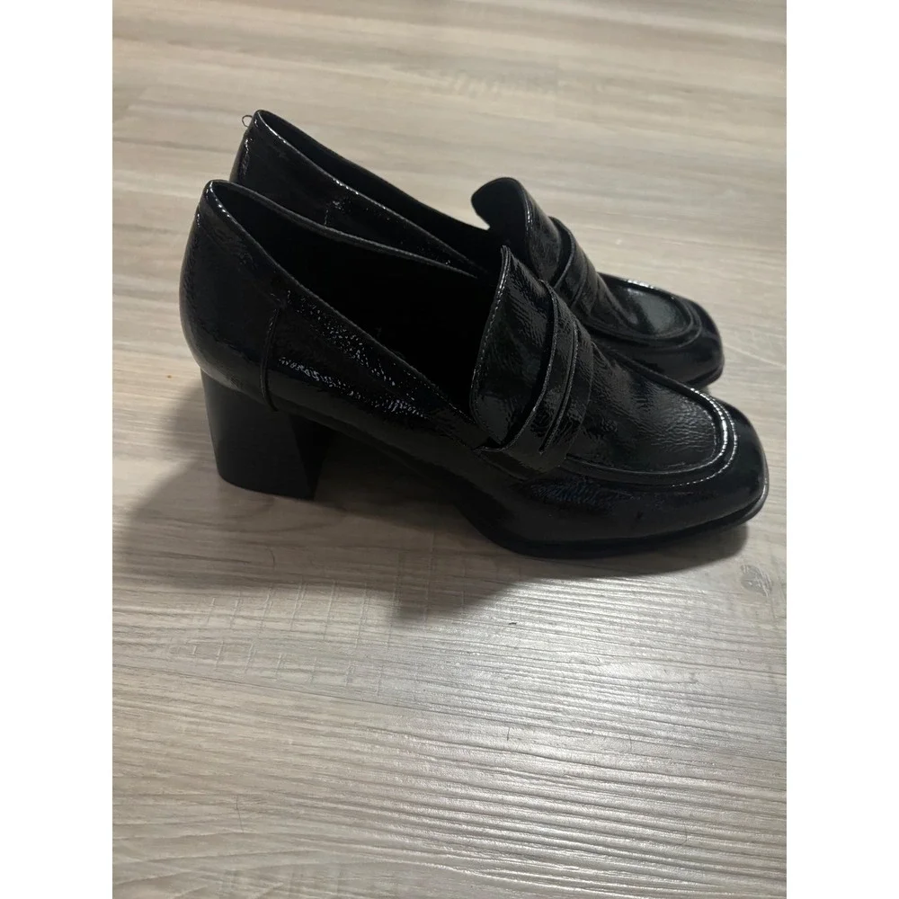 Journee Collection Black Patent Block Heel Penny Loafers Square Toe Mens 8.5